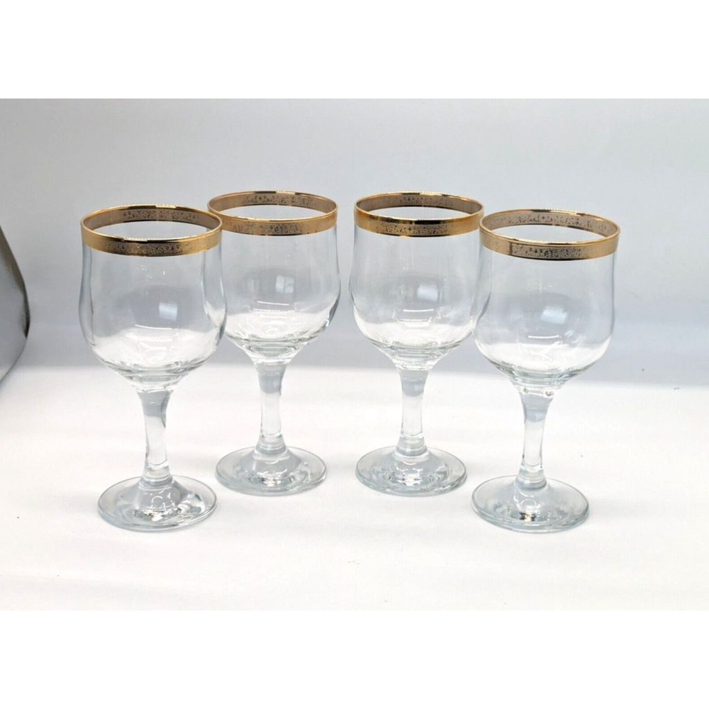 Set of 4 Vintage Celeni Mid Century 22 kt. Etched Gold Rim/Trim Wine Goblets
